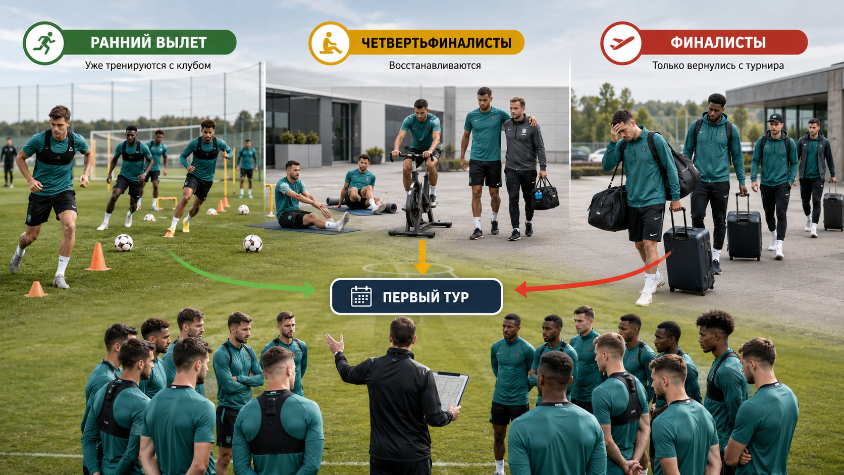 футболисты возвращаются в клуб тремя группами после разных стадий чемпионата мира, тренер собирает состав перед стартом сезона