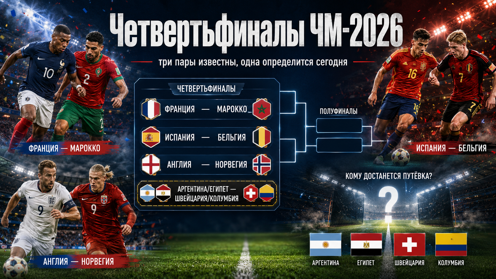 Четвертьфиналы ЧМ-2026 почти сформированы: три пары плей-офф известны, ещё одна определится сегодня